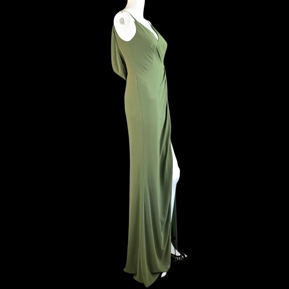 David's Bridal Chiffon Cowl Back V-neck Sheath Dress Martini Olive Color - Picture 2 of 14